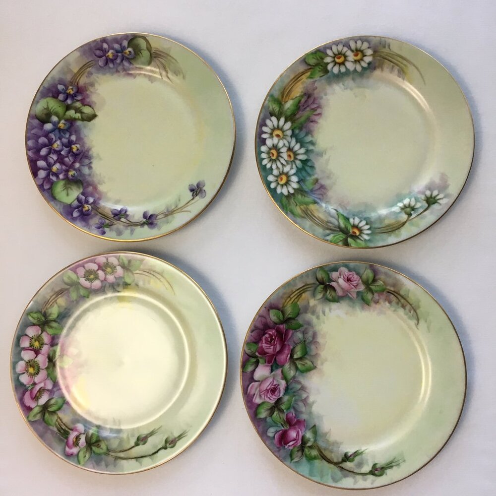 4 Vtg Baveria Jaeger & Co. Germany Floral Dessert Plates Signed Paterson